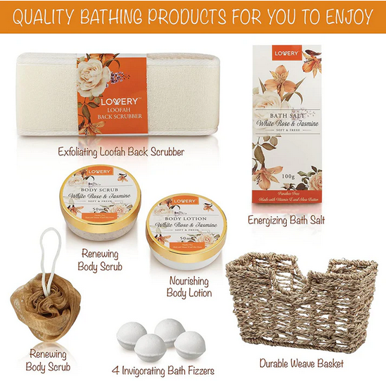 Set Lovery de Spa para el Hogar Rosa Blanca y Jazmín - Kit de Cuidado Corporal de 11 Piezas