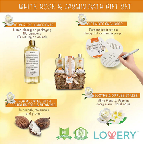 Set Lovery de Spa para el Hogar Rosa Blanca y Jazmín - Kit de Cuidado Corporal de 11 Piezas