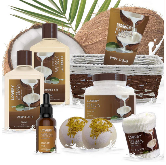 Canasta de regalo para el baño y el cuerpo - SPA para el hogar vainilla y coco - juego de 9 piezas
